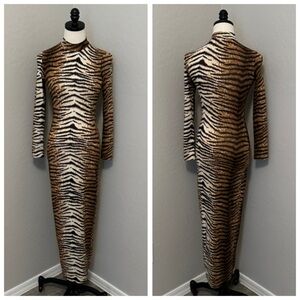 LINA LUXE SZ S ANIMAL PRINT MAXI LONG SLEEVE FORM FIT PULLOVER BODY-CON DRESS